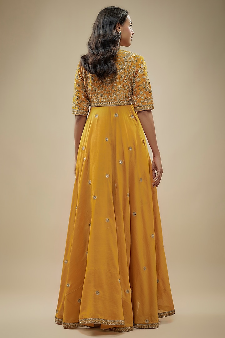 Mango Yellow Silk Zari Embroidered High-Low Wedding Anarkali Set by Jayanti Reddy at Pernia's Pop Up Shop