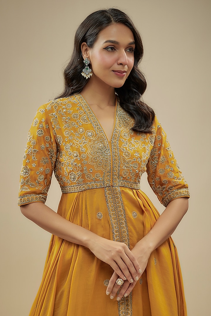 Mango Yellow Silk Zari Embroidered High-Low Wedding Anarkali Set by Jayanti Reddy at Pernia's Pop Up Shop