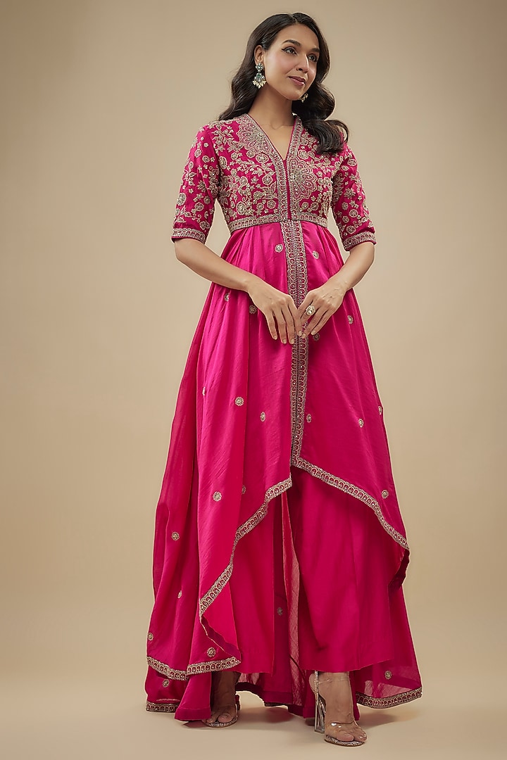 Rani Pink Silk Zari Embroidered High-Low Anarkali Set by Jayanti Reddy at Pernia's Pop Up Shop