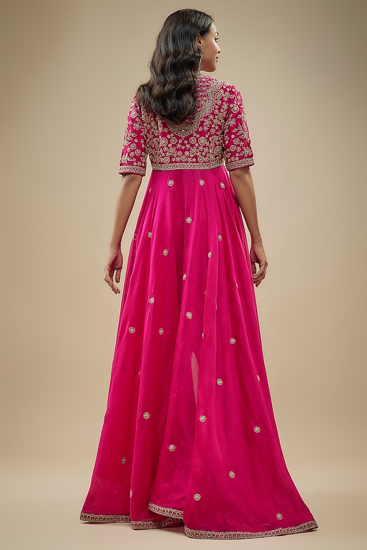 Rani Pink Silk Zari Embroidered High-Low Wedding Anarkali Set by Jayanti Reddy at Pernia's Pop Up Shop