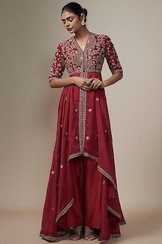 Red Silk Zari Embroidered Anarkali Set by Jayanti Reddy