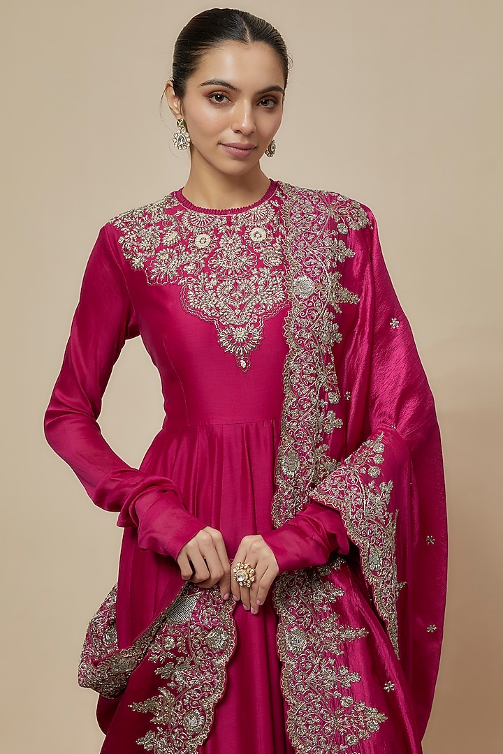 Rani Pink Silk Zari Embroidered Bridal Anarkali Set by Jayanti Reddy at Pernia's Pop Up Shop