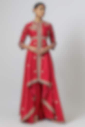 Red Silk Zari Embroidered Bridal Anarkali Set by Jayanti Reddy at Pernia's Pop Up Shop
