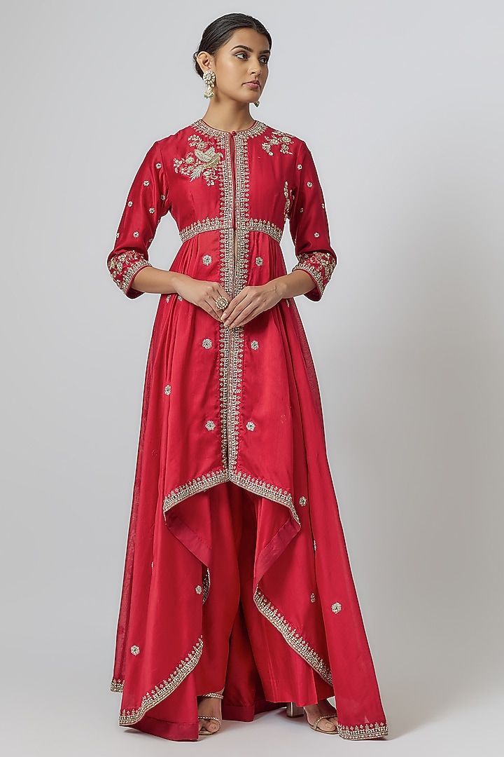 Red Silk Zari Embroidered Bridal Anarkali Set by Jayanti Reddy at Pernia's Pop Up Shop