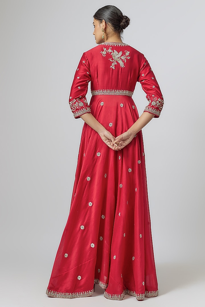 Red Silk Zari Embroidered Bridal Anarkali Set by Jayanti Reddy at Pernia's Pop Up Shop