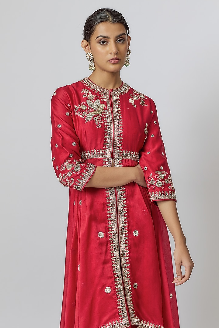 Red Silk Zari Embroidered Bridal Anarkali Set by Jayanti Reddy at Pernia's Pop Up Shop