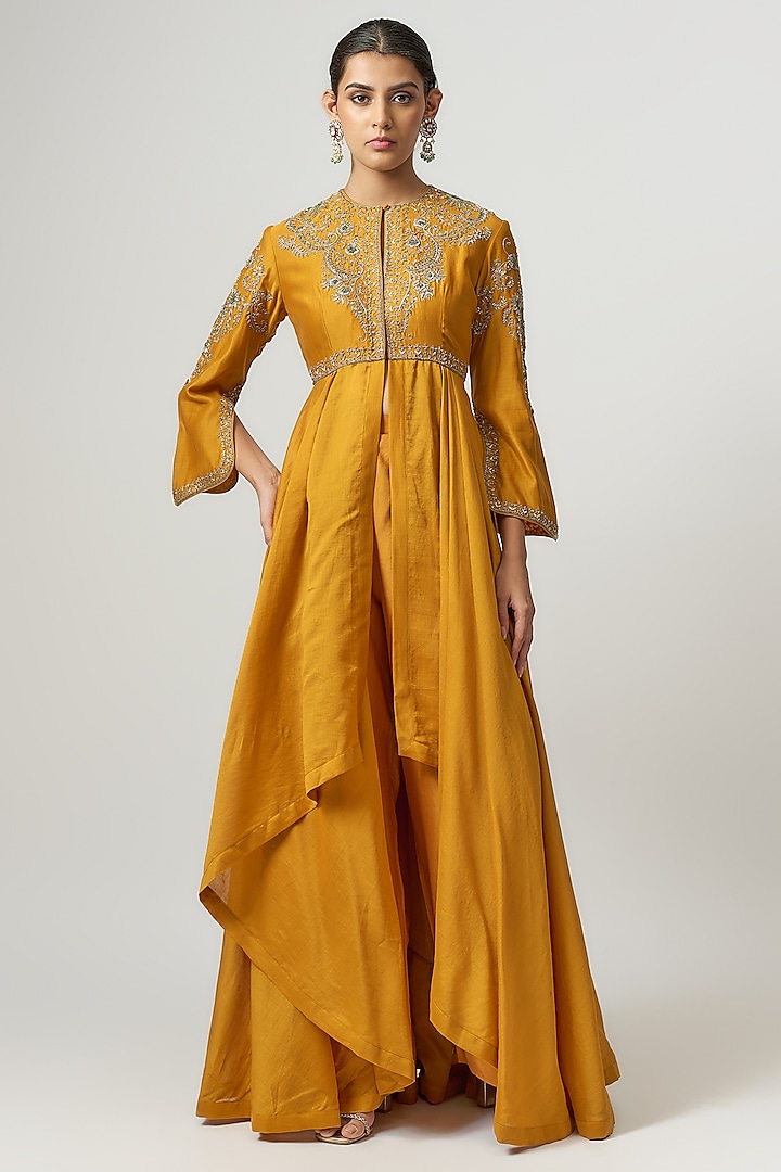 Mango Yellow Silk Zari Embroidered Anarkali Set by Jayanti Reddy at Pernia's Pop Up Shop