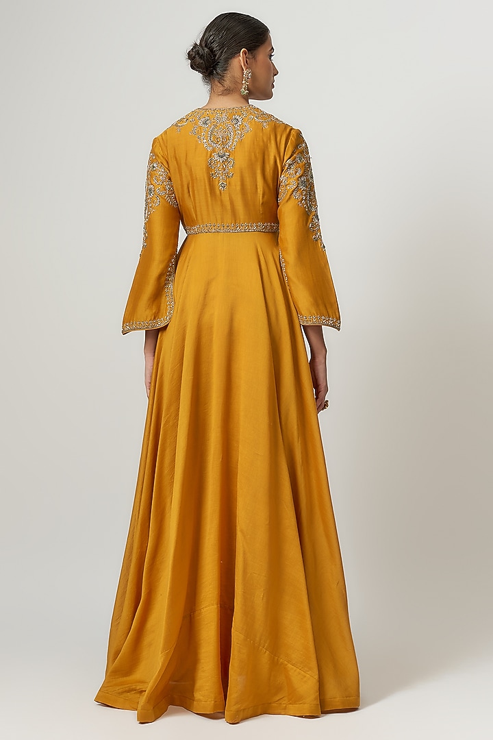 Mango Yellow Silk Zari Embroidered Wedding Anarkali Set by Jayanti Reddy at Pernia's Pop Up Shop