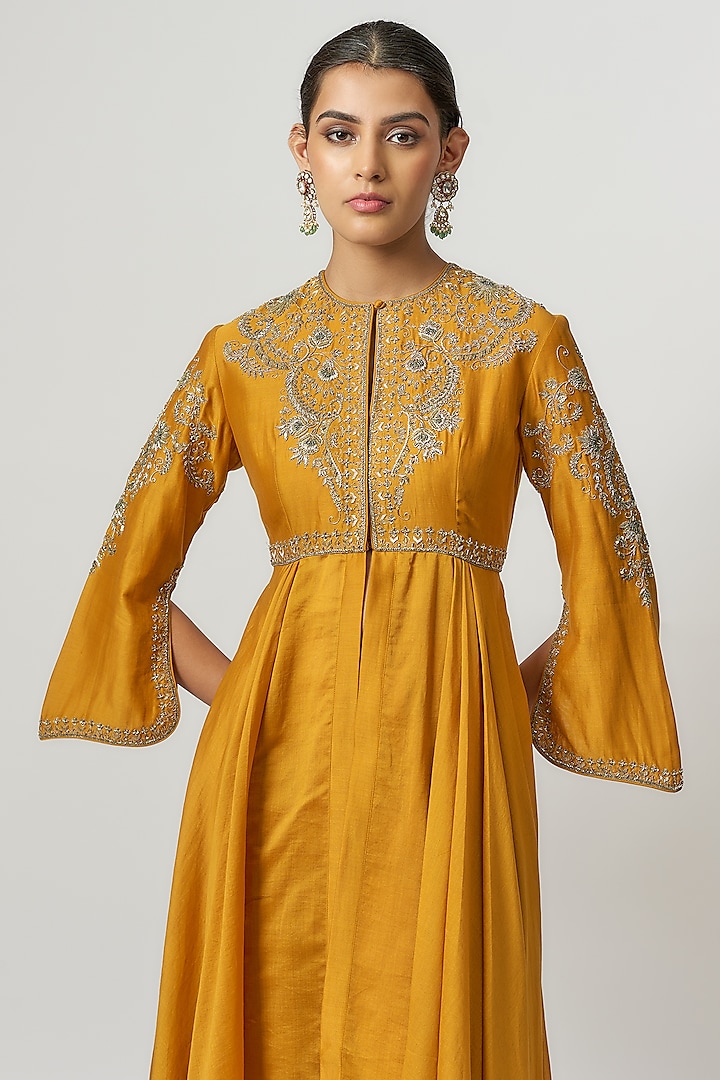 Mango Yellow Silk Zari Embroidered Wedding Anarkali Set by Jayanti Reddy at Pernia's Pop Up Shop