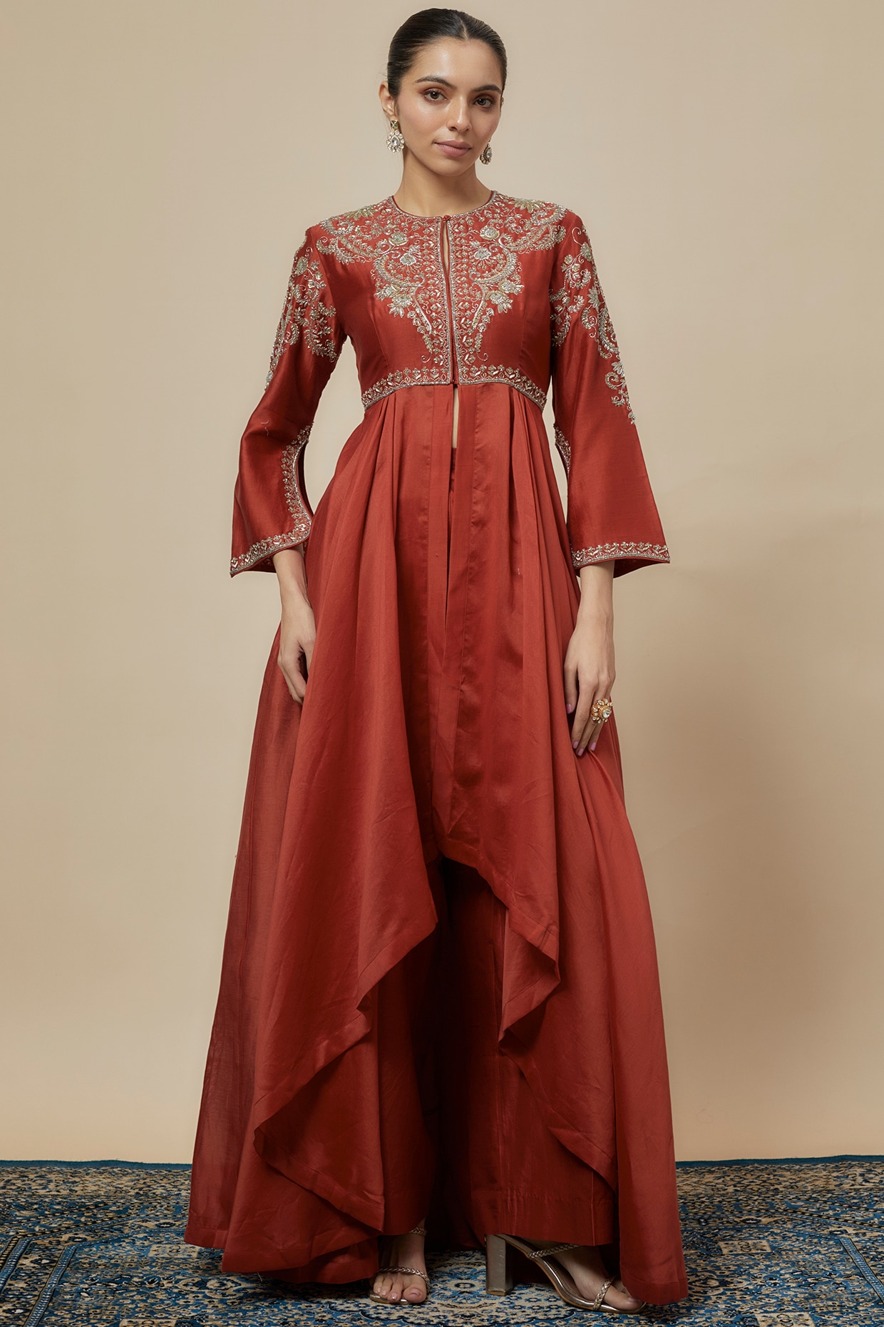 Rust Silk Zari Embroidered Anarkali Set by Jayanti Reddy at Pernia's ...