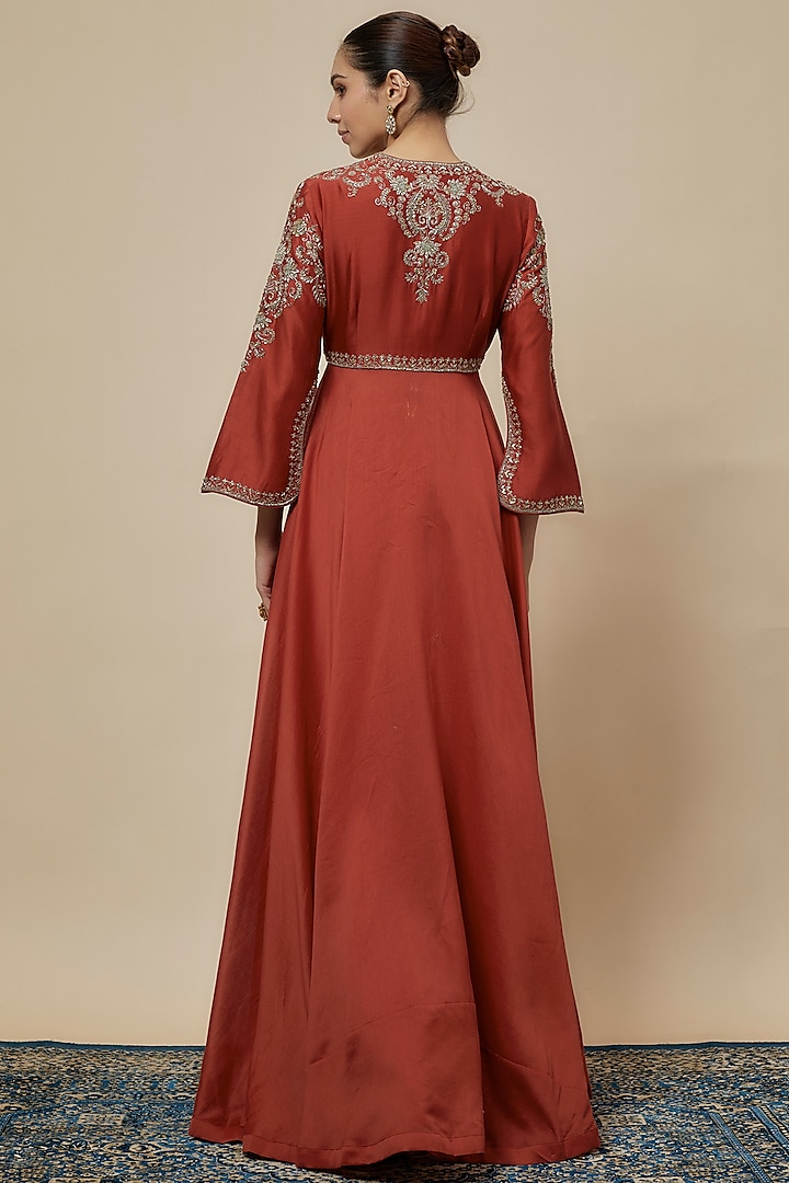 Rust Silk Zari Embroidered Wedding Anarkali Set by Jayanti Reddy at Pernia's Pop Up Shop