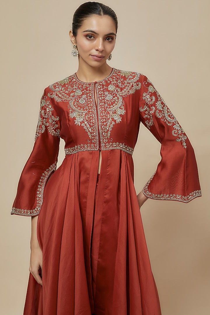 Rust Silk Zari Embroidered Wedding Anarkali Set by Jayanti Reddy at Pernia's Pop Up Shop