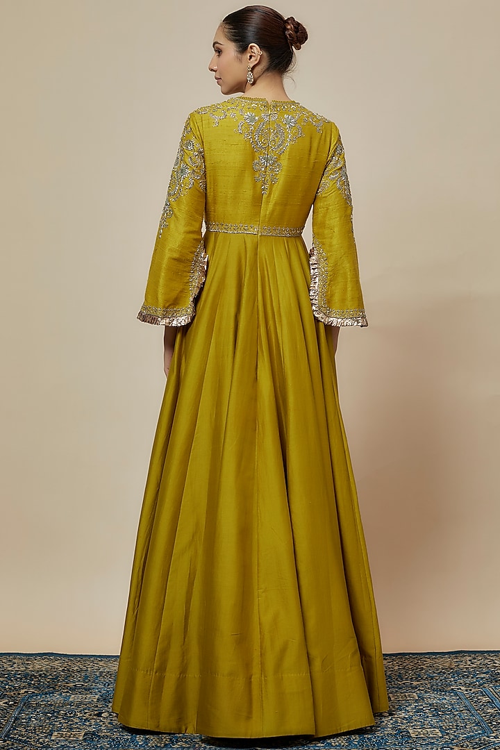 Mustard Silk Zari Embroidered Bridal Anarkali Set by Jayanti Reddy at Pernia's Pop Up Shop