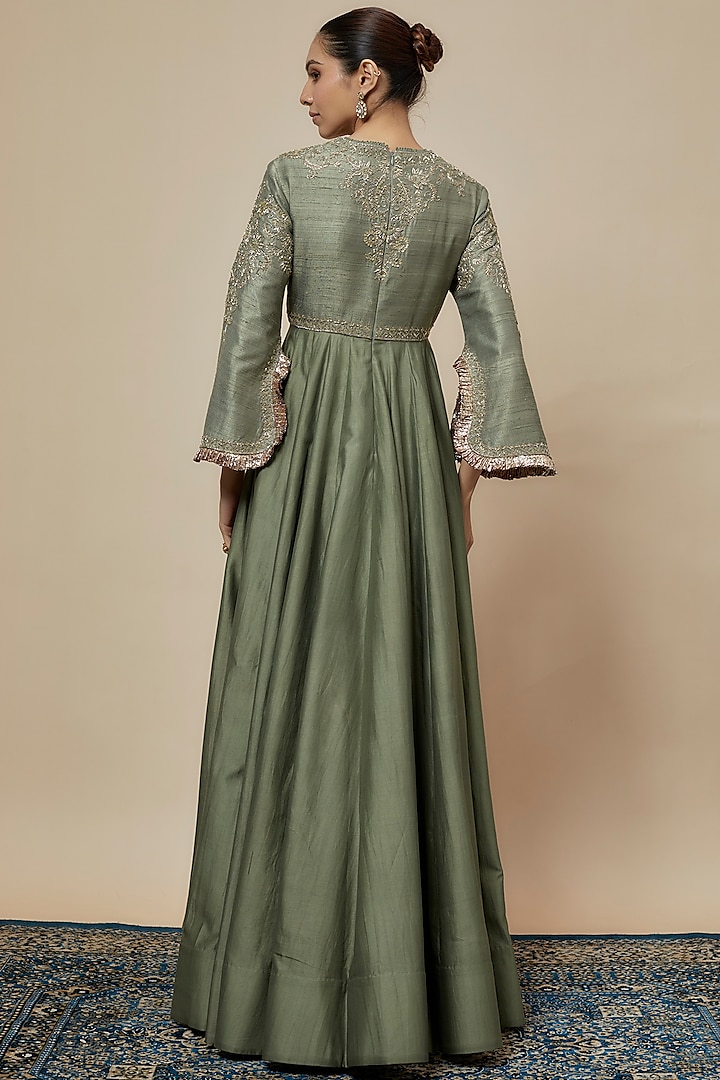 Mint Green Silk Zari Embroidered Bridal Anarkali Set by Jayanti Reddy at Pernia's Pop Up Shop