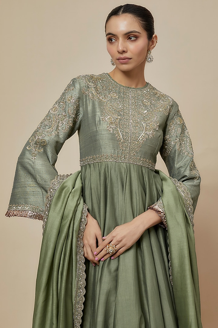 Mint Green Silk Zari Embroidered Bridal Anarkali Set by Jayanti Reddy at Pernia's Pop Up Shop