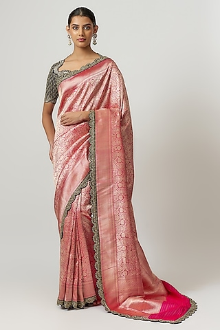 Pink Silk Banarasi Zari Embroidered Saree Set by Jayanti Reddy