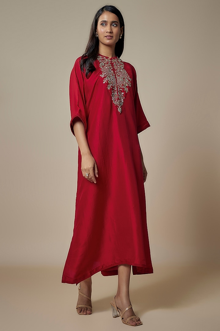 Red Silk Zari Embroidered Kaftan by Jayanti Reddy at Pernia's Pop Up Shop