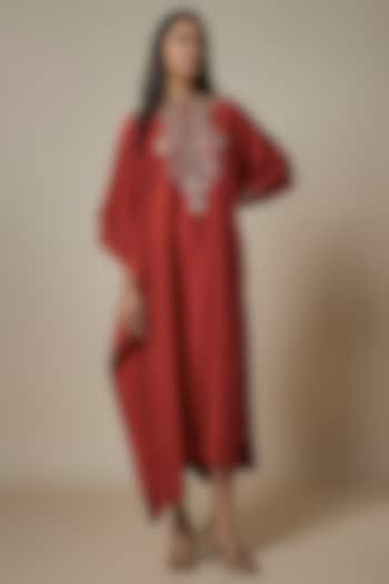 Red Silk Zari Embroidered Kaftan by Jayanti Reddy at Pernia's Pop Up Shop