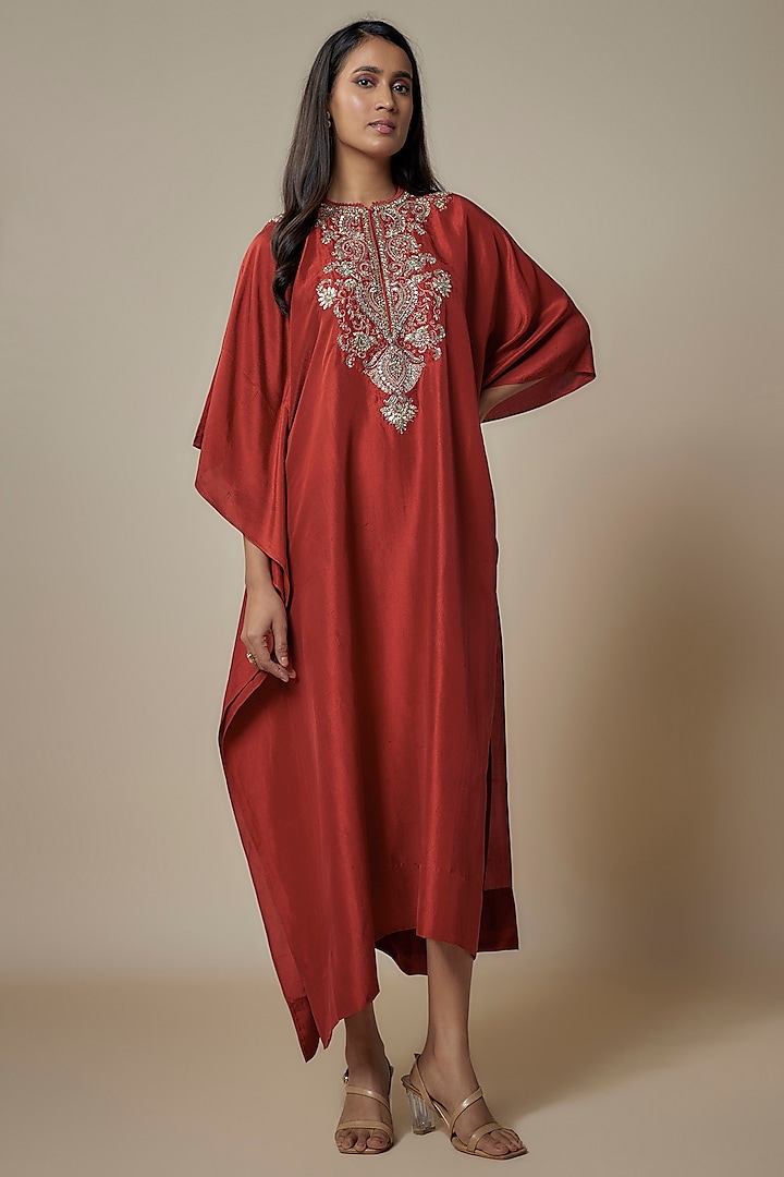 Red Silk Zari Embroidered Kaftan by Jayanti Reddy at Pernia's Pop Up Shop