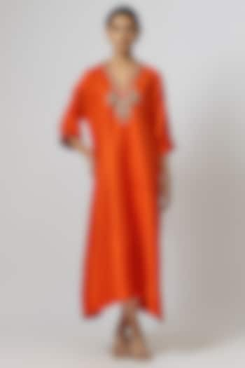 Rust Orange Silk Zari Embroidered Kaftan by Jayanti Reddy at Pernia's Pop Up Shop