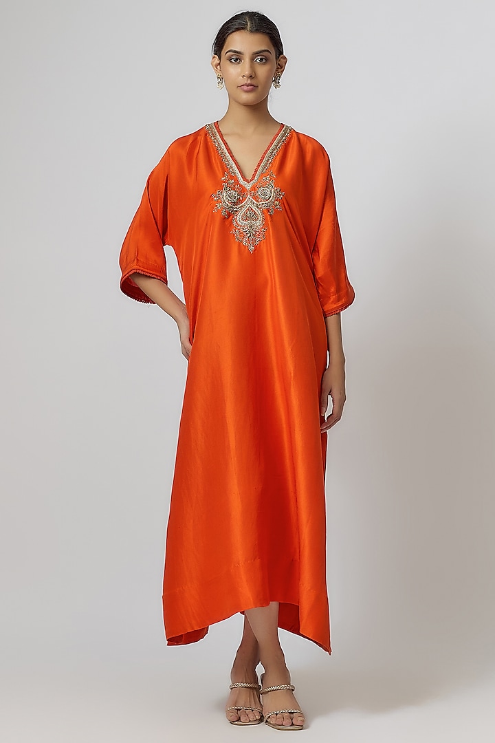 Rust Orange Silk Zari Embroidered Kaftan by Jayanti Reddy at Pernia's Pop Up Shop