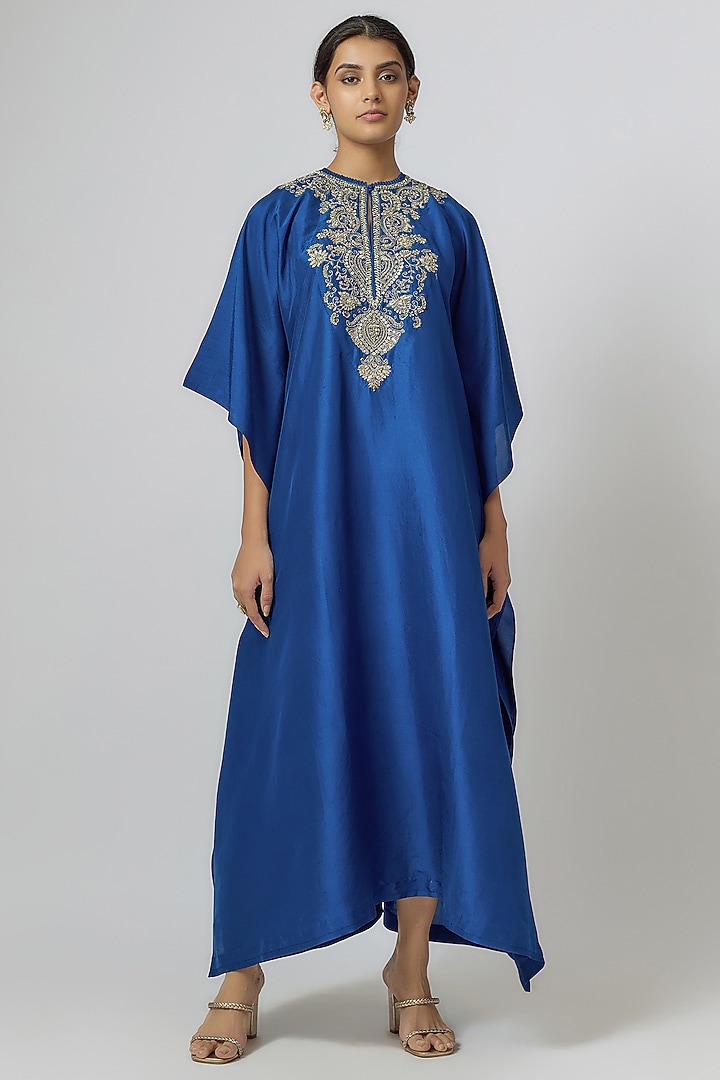 Navy Blue Silk Zari Embroidered Kaftan by Jayanti Reddy at Pernia's Pop Up Shop