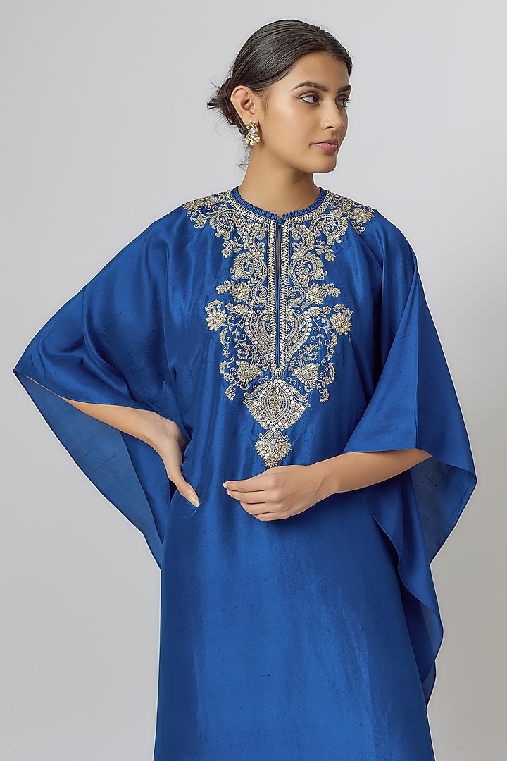 Navy Blue Silk Zari Embroidered Kaftan by Jayanti Reddy at Pernia's Pop Up Shop