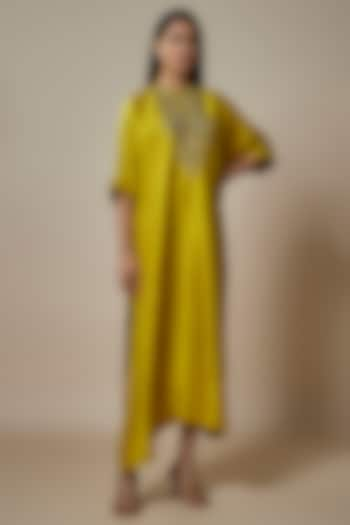 Mustard Silk Zari Embroidered Kaftan by Jayanti Reddy at Pernia's Pop Up Shop