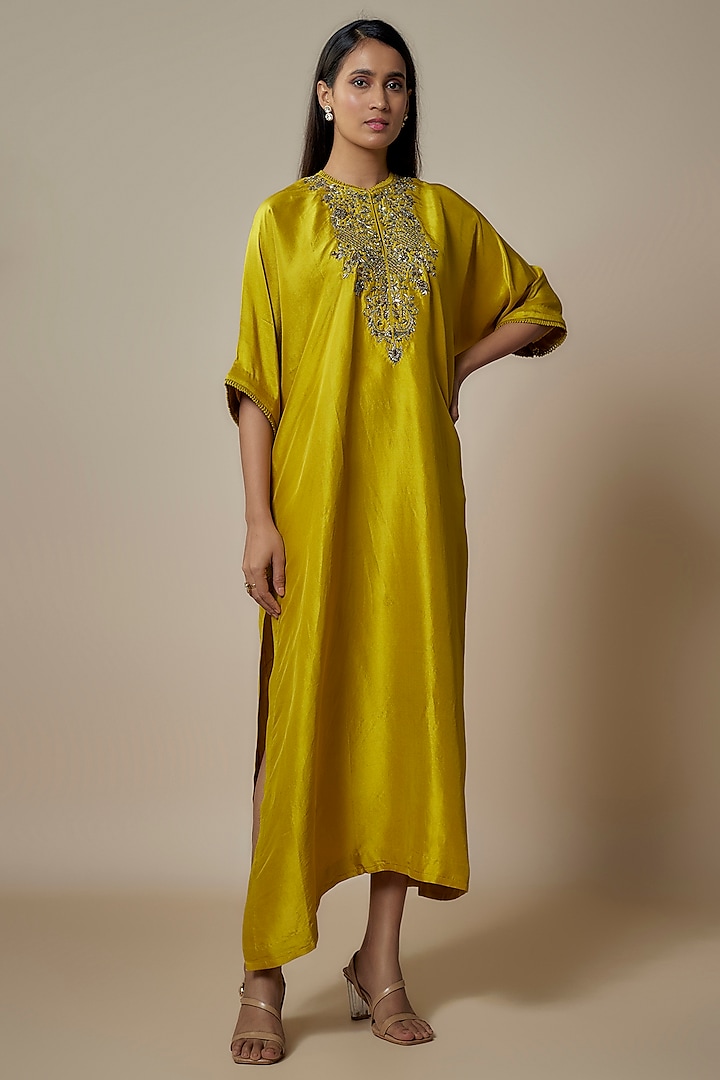 Mustard Silk Zari Embroidered Kaftan by Jayanti Reddy at Pernia's Pop Up Shop