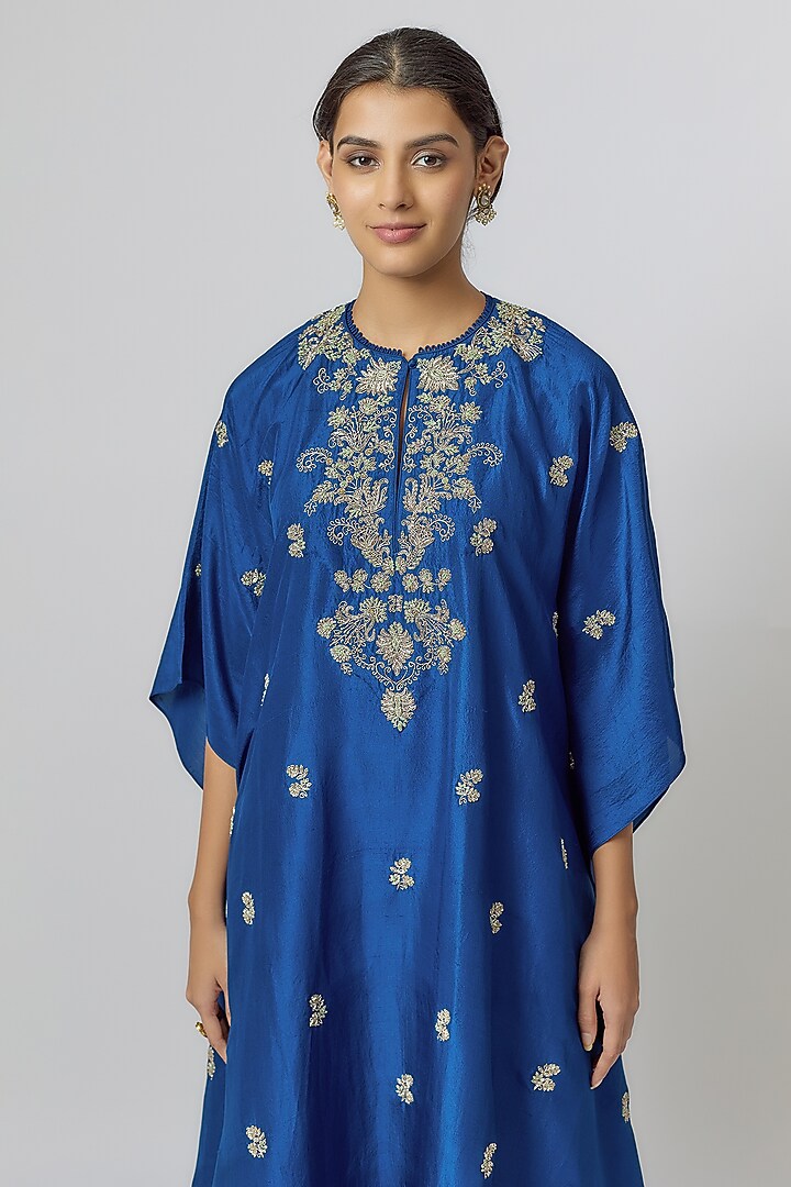 Navy Blue Silk Zari Embroidered Kaftan by Jayanti Reddy at Pernia's Pop Up Shop