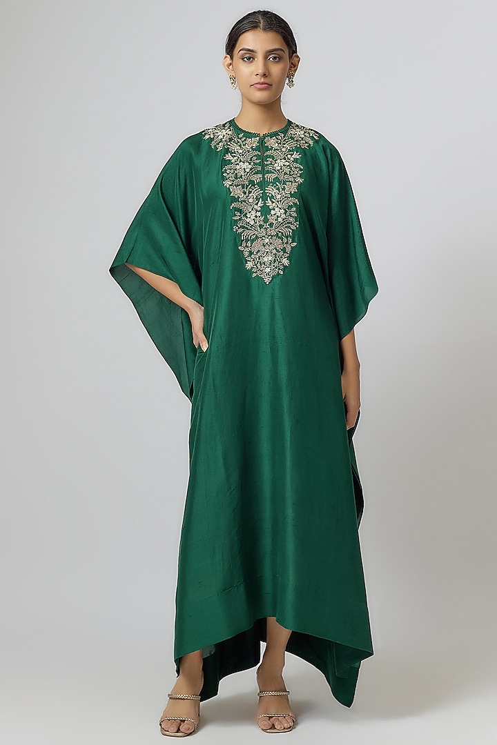 Emerald Green Silk Zari Embroidered Kaftan by Jayanti Reddy at Pernia's Pop Up Shop