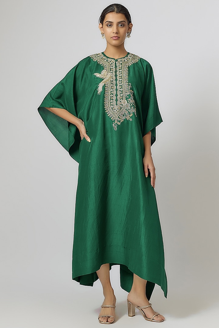 Emerald Green Silk Zari Embroidered Kaftan by Jayanti Reddy at Pernia's Pop Up Shop