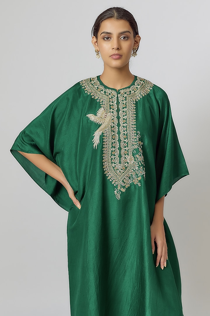 Emerald Green Silk Zari Embroidered Kaftan by Jayanti Reddy at Pernia's Pop Up Shop
