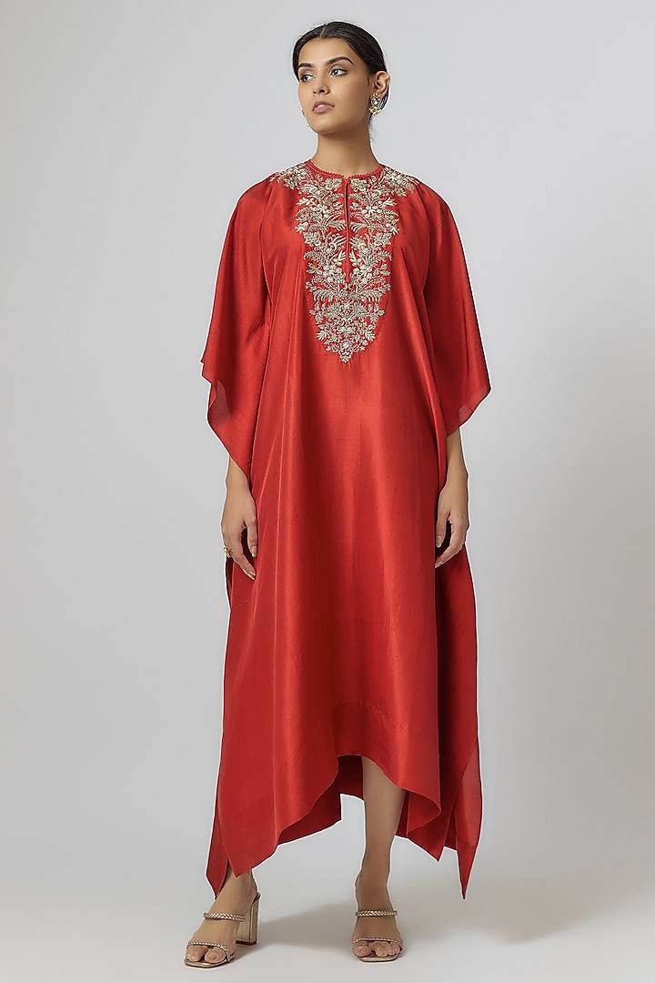 Red Silk Zari Embroidered Kaftan by Jayanti Reddy at Pernia's Pop Up Shop