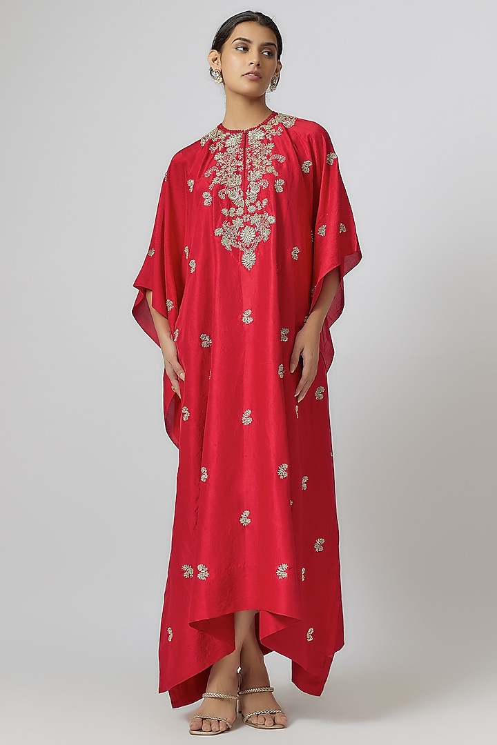 Red Silk Zari Embroidered Kaftan by Jayanti Reddy at Pernia's Pop Up Shop