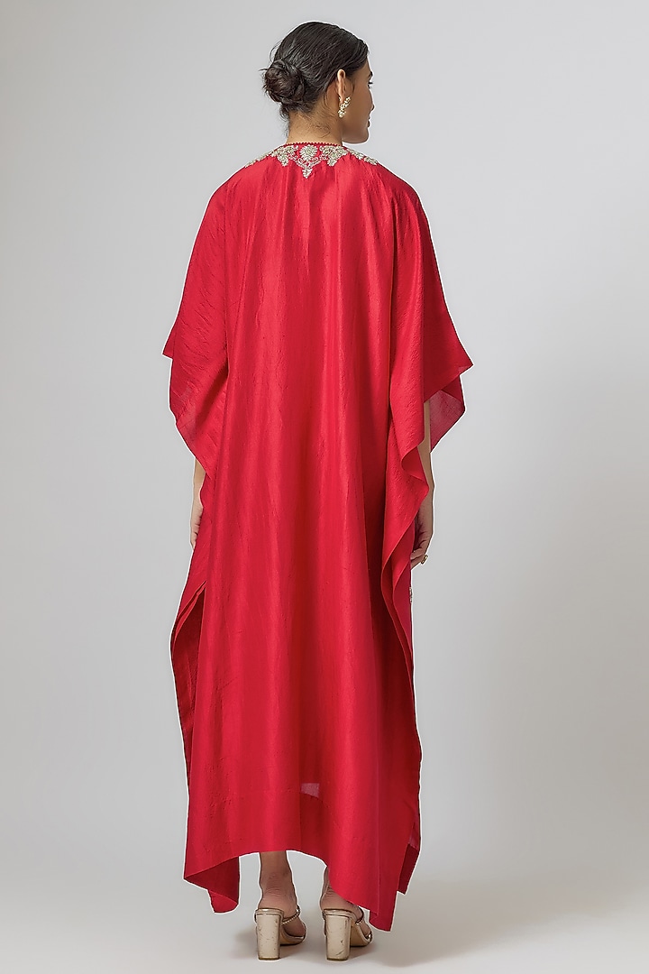 Red Silk Zari Embroidered Kaftan by Jayanti Reddy at Pernia's Pop Up Shop