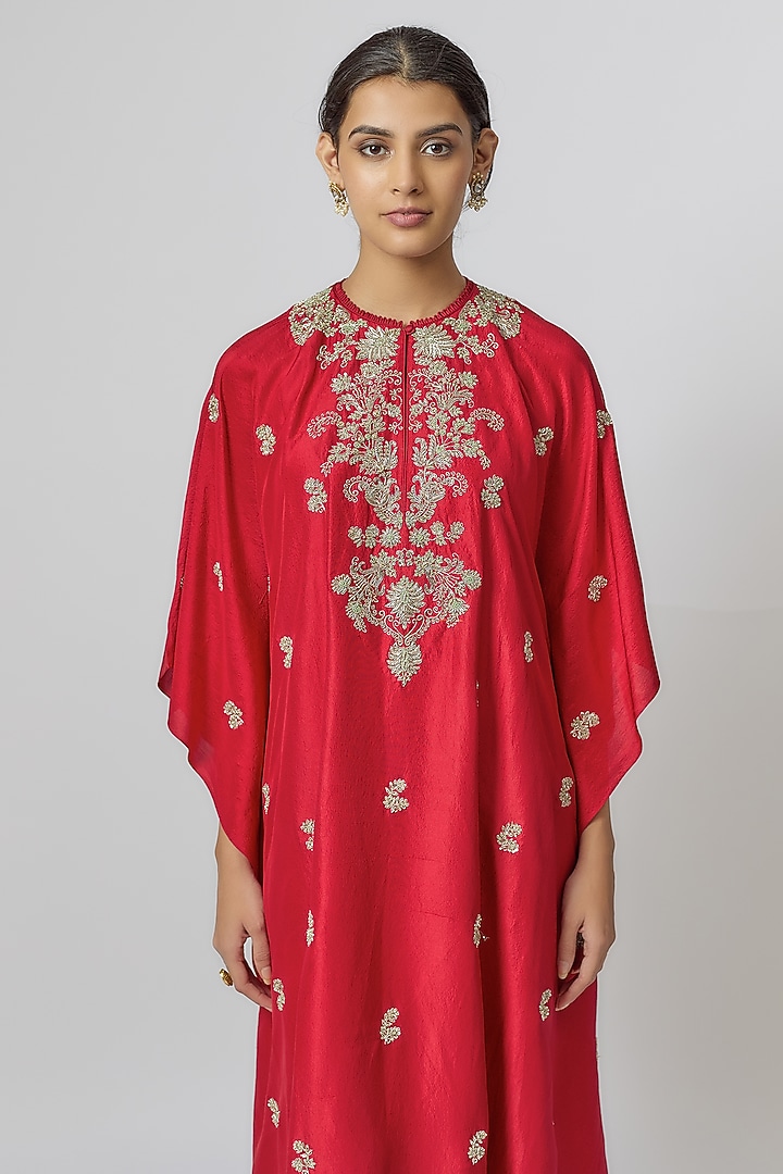 Red Silk Zari Embroidered Kaftan by Jayanti Reddy at Pernia's Pop Up Shop