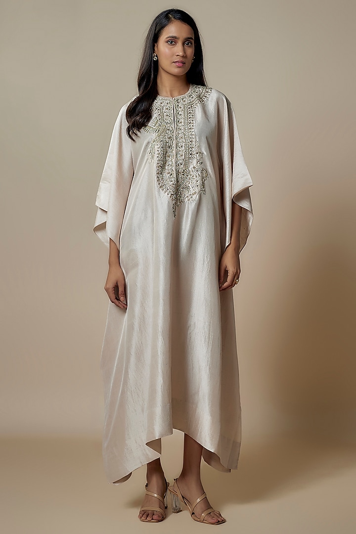 Ivory Silk Zari Embroidered Kaftan by Jayanti Reddy at Pernia's Pop Up Shop