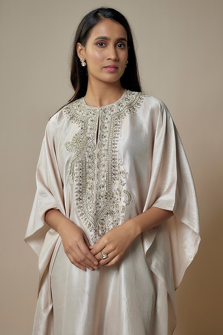 Ivory Silk Zari Embroidered Kaftan by Jayanti Reddy at Pernia's Pop Up Shop