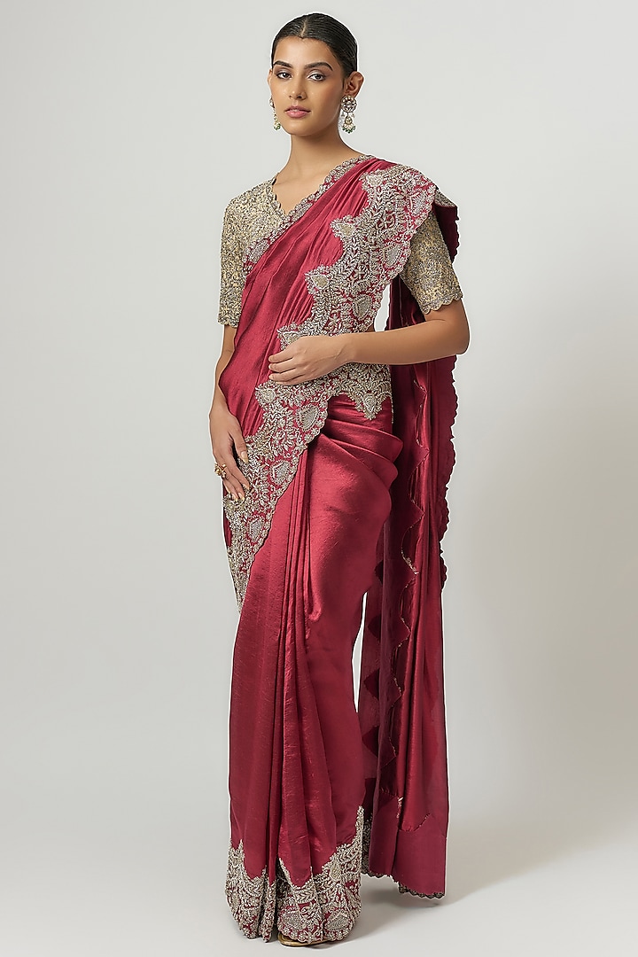 Maroon Silk Zari Embroidered Saree Set by Jayanti Reddy at Pernia's Pop Up Shop