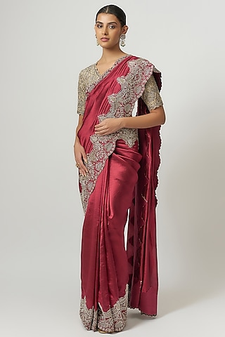 Maroon Silk Zari Embroidered Saree Set by Jayanti Reddy