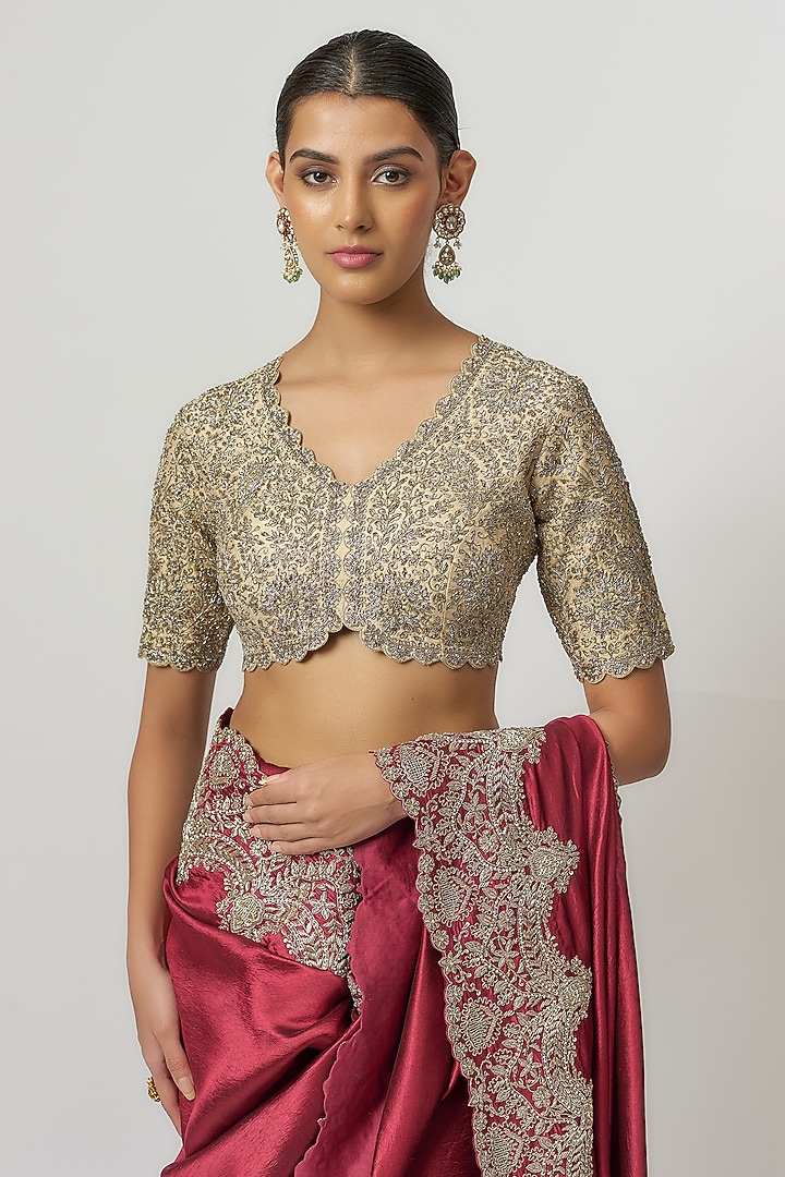 Maroon Silk Zari Embroidered Bridal Saree Set by Jayanti Reddy at Pernia's Pop Up Shop