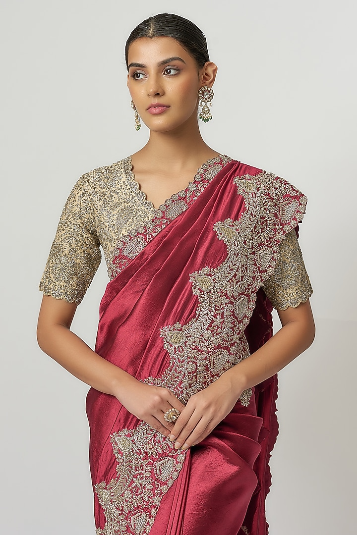 Maroon Silk Zari Embroidered Bridal Saree Set by Jayanti Reddy at Pernia's Pop Up Shop