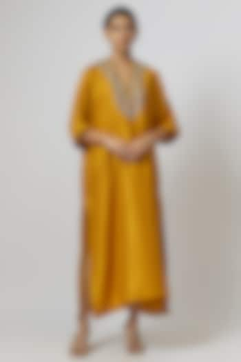 Mango Yellow Silk Zari Embroidered Kaftan by Jayanti Reddy at Pernia's Pop Up Shop