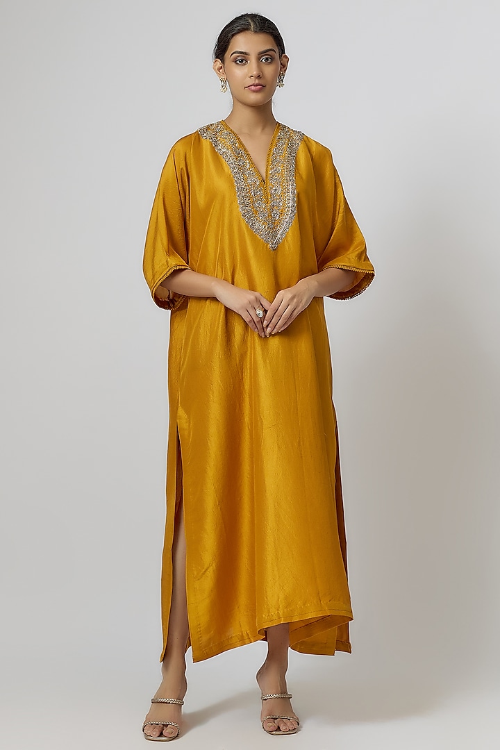 Mango Yellow Silk Zari Embroidered Kaftan by Jayanti Reddy at Pernia's Pop Up Shop