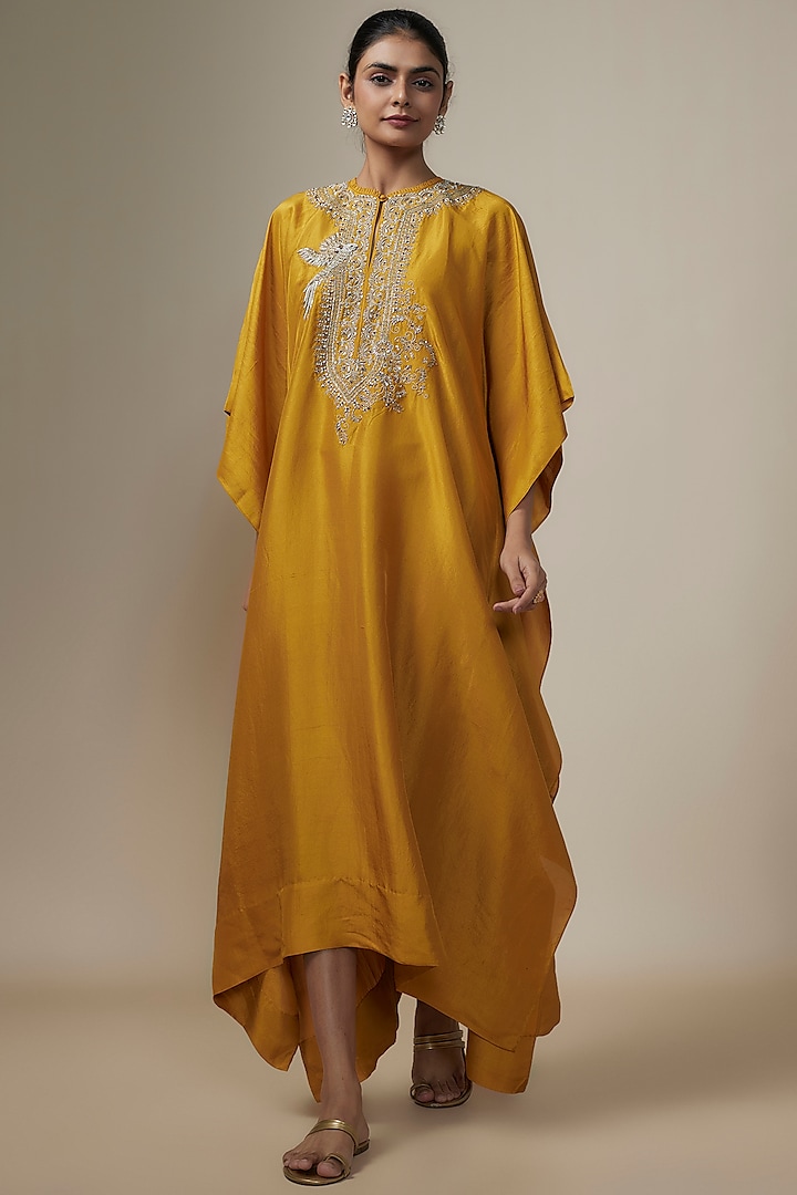 Mango Yellow Silk Zari Embroidered Kaftan by Jayanti Reddy at Pernia's Pop Up Shop