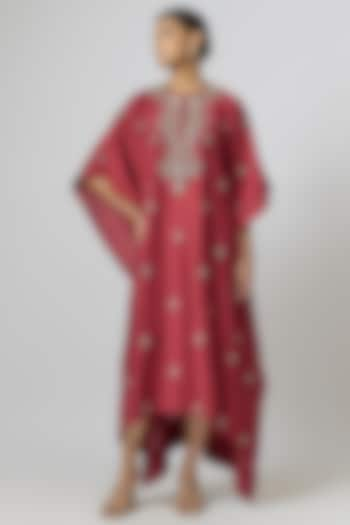 Deep Red Silk Zari Embroidered Kaftan by Jayanti Reddy at Pernia's Pop Up Shop