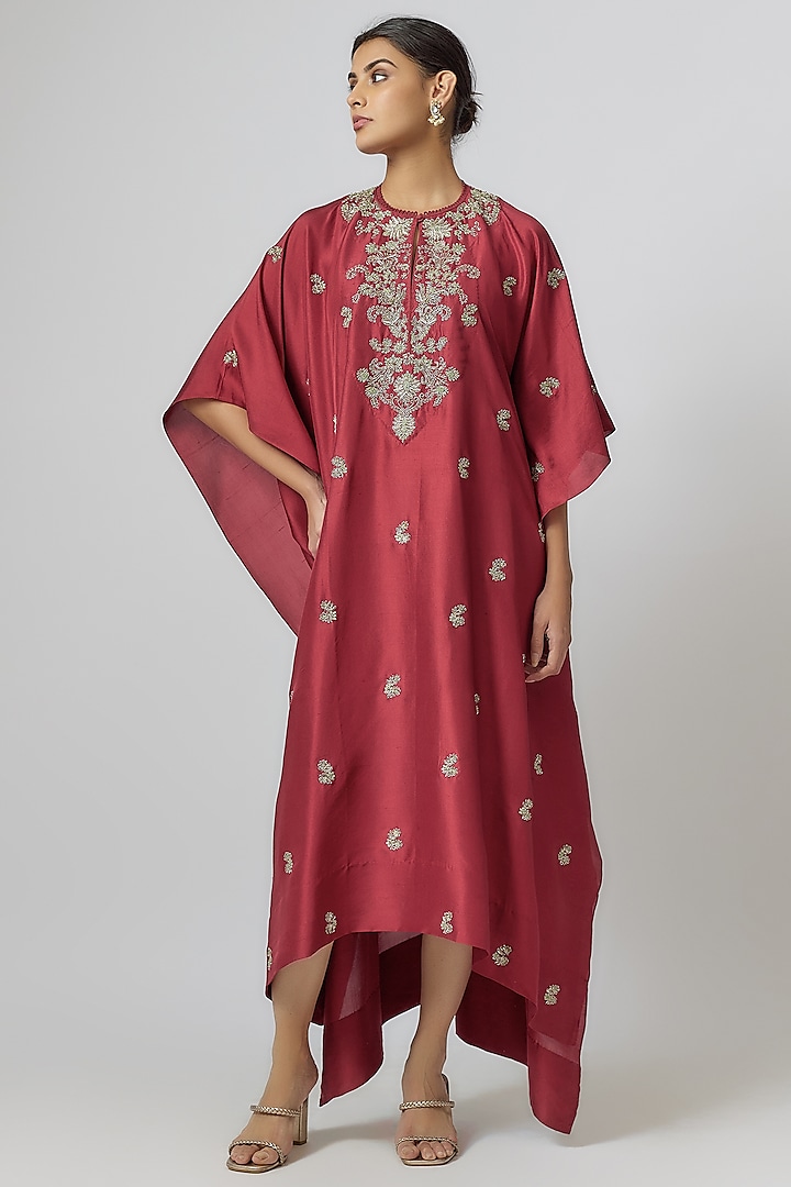 Deep Red Silk Zari Embroidered Kaftan by Jayanti Reddy at Pernia's Pop Up Shop