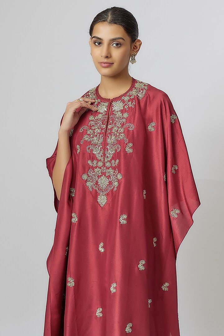 Deep Red Silk Zari Embroidered Kaftan by Jayanti Reddy at Pernia's Pop Up Shop