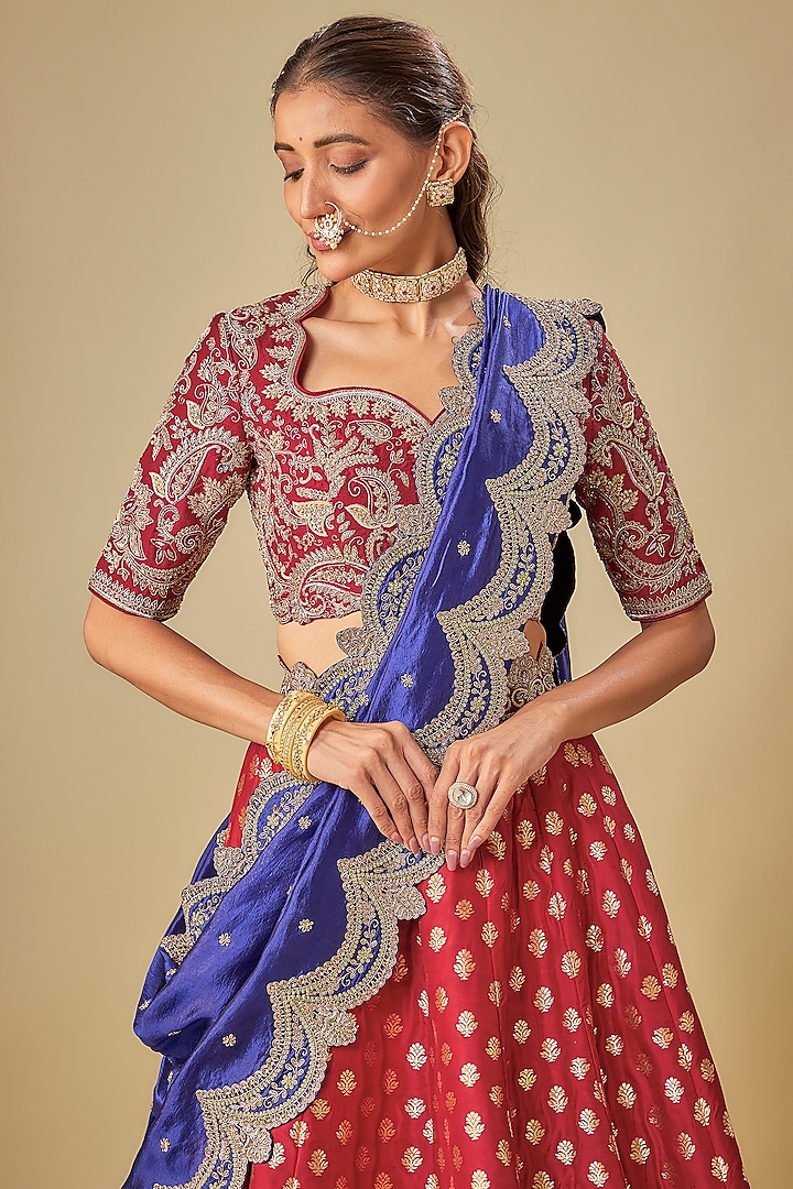 Red Banarasi Zardosi Embroidered Bridal Lehenga Set by Jayanti Reddy at Pernia's Pop Up Shop